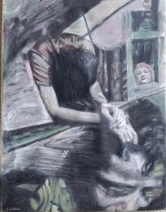 "More News," charcoal, ink and oil pastel on canvas 22" x 17" 